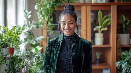 Wall Mural - Millennial African-American Black Plant Girl Woman Smiling in Her Apartment With Many Plants