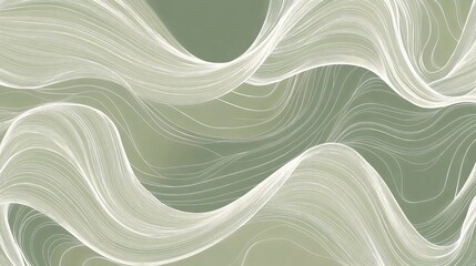 Wall Mural - Thin, flowing white lines in a seamless wave pattern set against a muted green background, creating a calming and fluid design