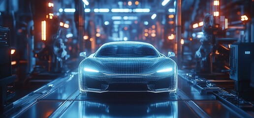 Fototapete - Futuristic car on a production line, glowing blue, abstract wireframe, concept.