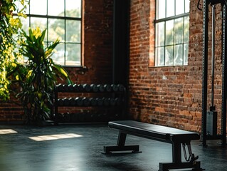 A Modern Workout Space Featuring a Bench and Dumbbells Bathed in Natural Light