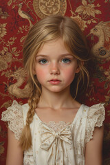 A little girl with long blonde hair and blue eyes in front of a red wall