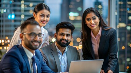 A team of Indian professionals working together, with a cityscape blurred through the windows.	
