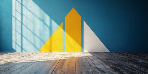 Colorful upward arrows in yellow, blue, and white on a wooden floor against a blue wall, symbolizing growth and direction