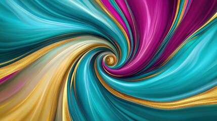 Wall Mural - A swirling fluid design with vibrant shades of turquoise, magenta, and gold flowing seamlessly across the canvas, creating a dynamic and hypnotic effect