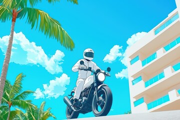 Stylish motorcycle rider in a vibrant tropical landscape with palm trees and a bright blue sky.