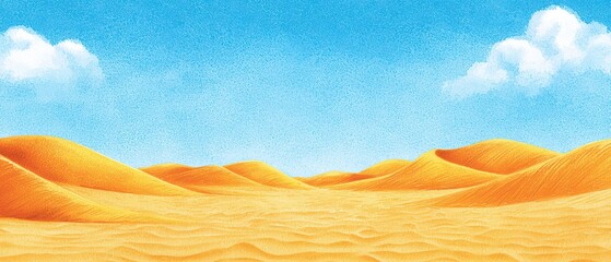 vast sandy desert landscape with gentle dunes under a bright blue sky and fluffy white clouds.