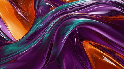 Wall Mural - Fluid streams of deep purple, orange, and teal intertwining like liquid marble, with a glassy, reflective surface that adds depth and complexity