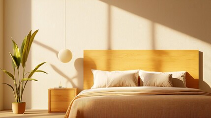 Wall Mural - Eco-friendly wood headboard in a neutral-toned bedroom, minimalist style, gentle light from large windows, organic textures, soft hues for a relaxing vibe