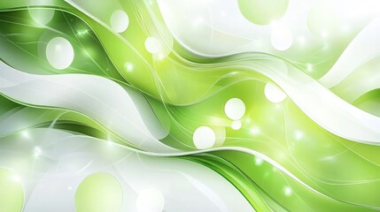 Wall Mural - Layered abstract green and white design with overlapping curves, glowing circle effects scattered across the bright spaces, creating a modern and sleek atmosphere
