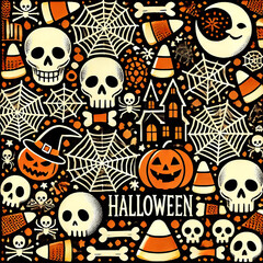 Halloween Tiled Pattern with Eerie & Playful Icons – Perfect for Festive Designs