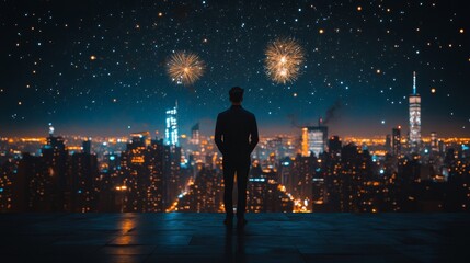 Wall Mural - 大都会の打ち上げ花火と夜景