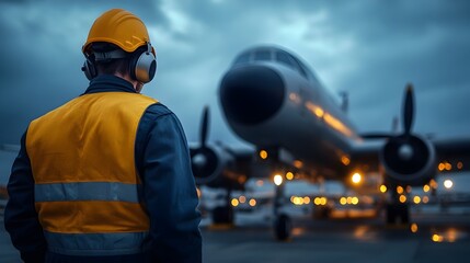 Wide angle view of an engineer performing maintenance and repairs on a propeller driven aircraft at night with the plane s work lights fully illuminating the area around the vehicle