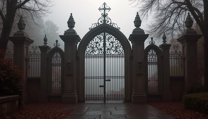 Iron gate background, vintage wrought iron gate with ornate gothic patterns on a foggy backdrop, eerie and timeless