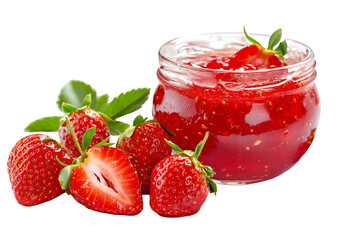 Wall Mural - Strawberry jam and fresh raspberries isolated on white or transparent background.