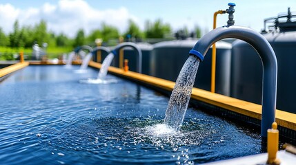 Flowing water from industrial pipes into a large water tank, showcasing machinery and technology in operation.