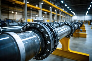 Large industrial pipes with flanges and bolts connecting in modern factory