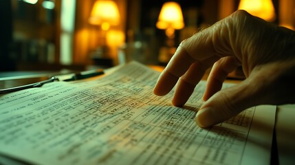 High-definition shot of fingertips following a performance chart on a printed page, intricate lines and data points, soft background blur, warm indoor lighting casting subtle shadows. --ar 16:9