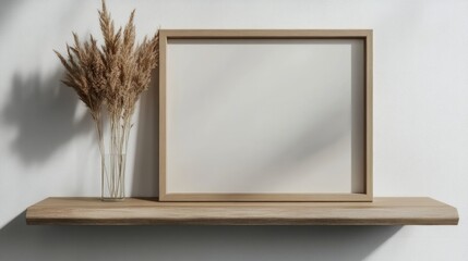 simple brown plastic photo frame mockup on wall shelf on grey background. Ai generated images