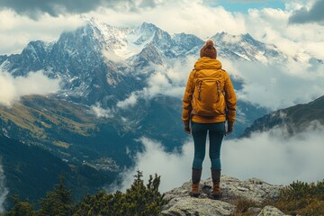 Hiker standing on mountain top enjoying inspiring view of majestic alps peaks above clouds