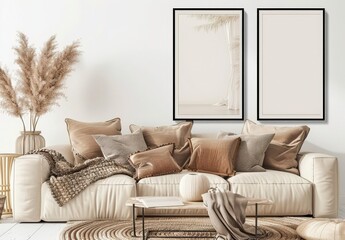 A cozy living room interior with a white sofa. pillows. a throw blanket. a round rug. and two framed prints