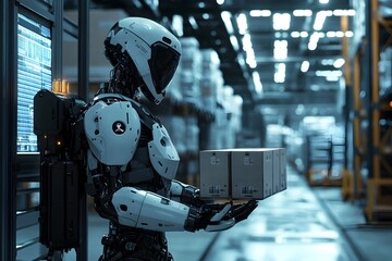 Robotic Exoskeleton Assisting Worker in Futuristic Logistics Facility with Powerful Hydraulic Limbs and Sleek Industrial Design