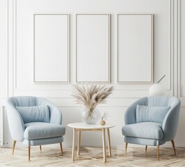 Two blue armchairs face each other across a round coffee table with a vase of pampas grass and three empty picture frames on the wall in a modern living room