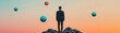 © Siripong - A businessman stands on a rock, contemplating the colorful spheres around him, symbolizing innovation and possibilities.