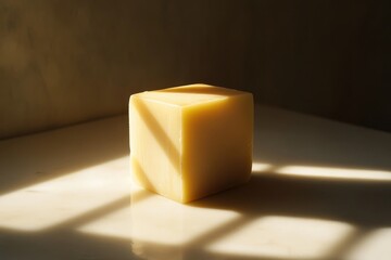 Poster - Block of Swiss Cheese on a Table with Sunlight Streaming Through a Window