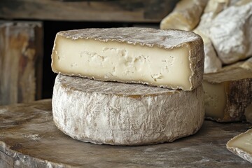 Canvas Print - A Stack of Two Round Cheese Wheels with a Crusty Rind