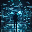 © cjsolanop - A man stands in front of a wall of clouds, with a computer screen behind him. Concept of technology and innovation, as well as the idea of being surrounded by a vast network of information