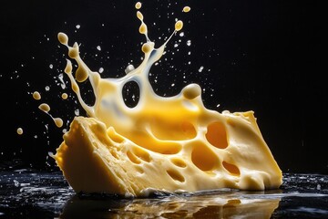 Canvas Print - Swiss Cheese Splashing into a Liquid