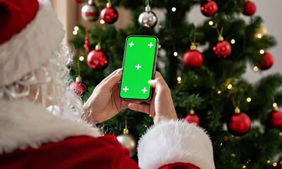 Santa Claus using Smartphone with Green Screen by Christmas Tree
