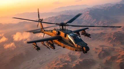 Military Apache Helicopter Flying Over Rugged Mountain Terrain at Sunset