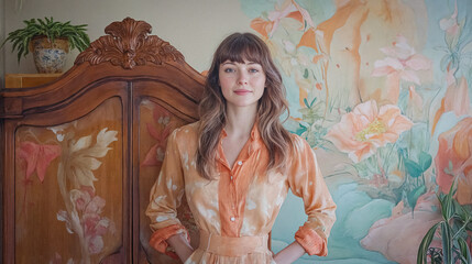 Wall Mural - Millennial Woman Smiling in Her Apartment Filled With Houseplants