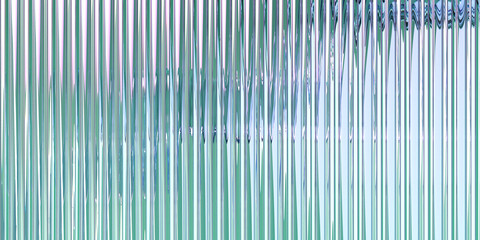 3d fluted ribbed transparent glass background. Abstract corrugated vertical line pattern with blue green gradient texture render. Crystal light reeded translucent wave stripes on wall. 3D illustration