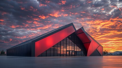 A geometric modern industrial hangar tent with sharp angles and a striking red and black color palette. The design includes asymmetrical roofs and decorative metalwork, set against a dramatic sunset s