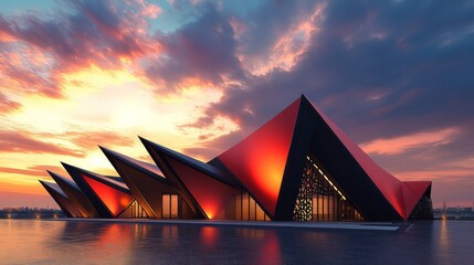 A geometric modern industrial hangar tent with sharp angles and a striking red and black color palette. The design includes asymmetrical roofs and decorative metalwork, set against a dramatic sunset s