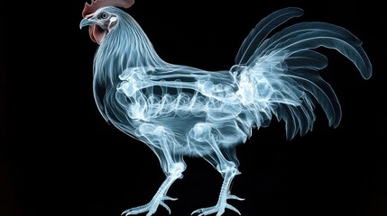 A stylized, x-ray image of a rooster, in a standing pose with a dark background.