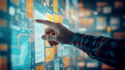 Agile software development scrum methodology boards. workflow, Finger touching virtual interface.AI generative