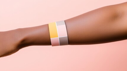health-monitoring smart patch on forearm, close-up with soft pastel background, emphasizing user com