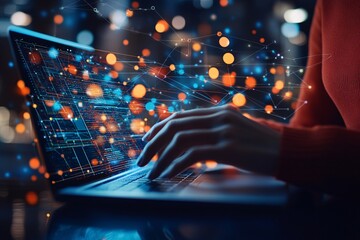 Hands Typing on Laptop with Digital Network Connection