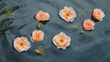 Canvas Print - Delicate pink roses floating on still water, captured from a top-down perspective, serene and peaceful mood.