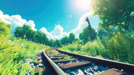 Low-angle view of a railway switch system as it curves into the horizon, with a bright sunny day illuminating the entire scene, vibrant greenery on both sides