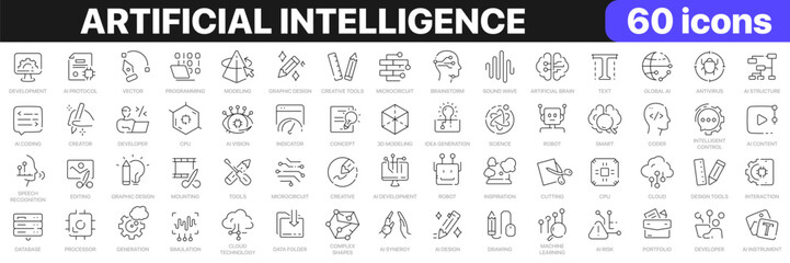 Wall Mural - Artificial intelligence line icons collection. Modeling, brain, science, creative, concept icons. UI icon set. Thin outline icons pack. Vector illustration EPS10