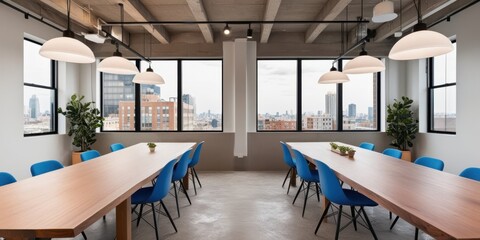 Modern loft apartment, floor-to-ceiling windows, city skyline view, exposed wooden beams, white dining table, blue chairs, pendant light, minimalist decor, open concept, industrial chic, natural light