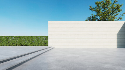 Poster - Modern building exterior, architecture with large brick wall. concrete floor, 3d rendering