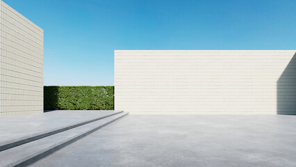 Poster - Modern building exterior, architecture with large brick wall. concrete floor, 3d rendering
