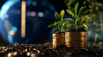 Two small plants growing in stacks of golden coins against a dark background with a blurred globe in the background.