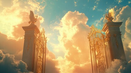 Sticker - The gates of heaven, made of pure gold, standing tall against a bright sky filled with radiant clouds and soft light.