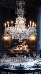 elegant crystal chandelier hanging over luxurious white table setting in a fine dining room with elegant glassware